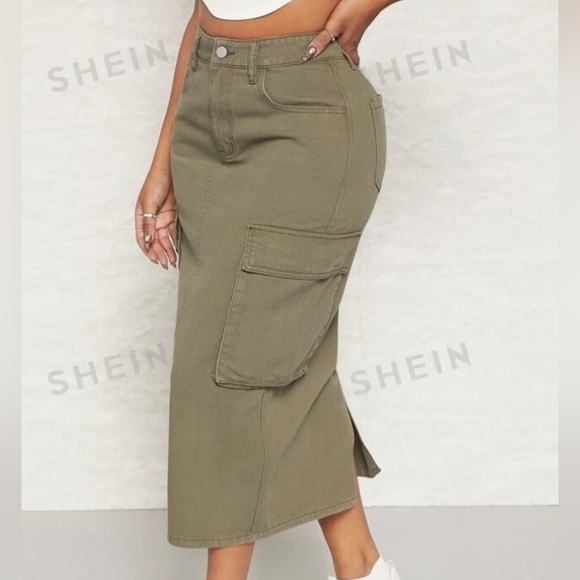 Shein Sxy • Women's Army Green High Waist Cargo Flap Pocket Denim Jean Skirt - Picture 3 of 16